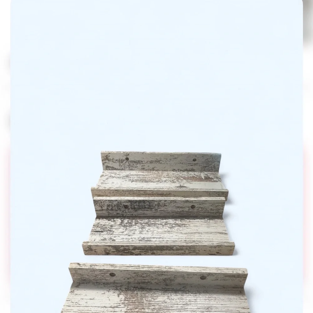 NWTs Amazon Distressed White and Brown Stepped Display Shelves set of 3